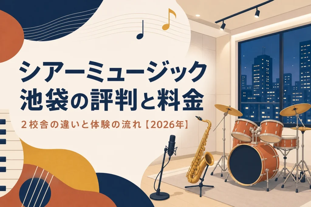 シアーミュージック池袋エリアの評判と料金を解説する記事のアイキャッチ